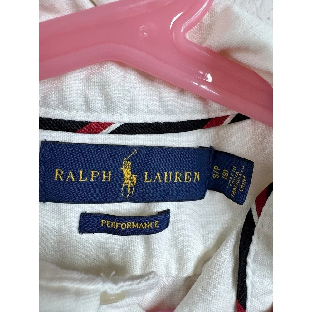 Ralph Lauren Boys 8 Button‎ Down Shirt White Polo Logo Stripe Performance Preppy
